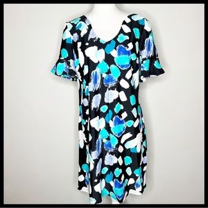Axyeh Women's Black Blue and White Ruffled Short Sleeve V Neck Dress